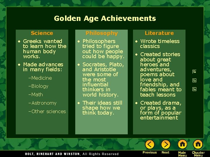 Golden Age Achievements Science Philosophy • Greeks wanted to learn how the human body