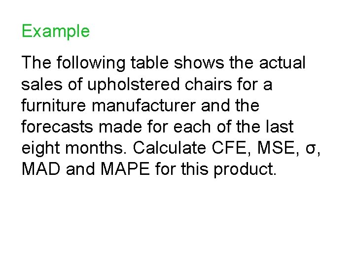 Example The following table shows the actual sales of upholstered chairs for a furniture