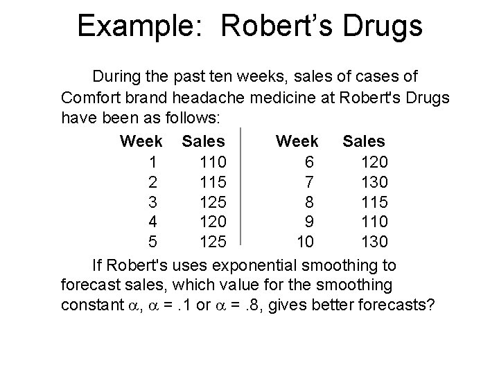 Example: Robert’s Drugs During the past ten weeks, sales of cases of Comfort brand