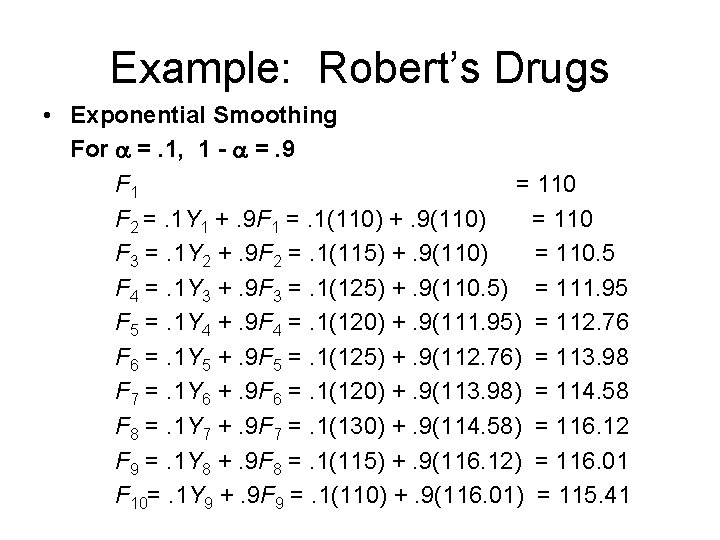 Example: Robert’s Drugs • Exponential Smoothing For =. 1, 1 - =. 9 F