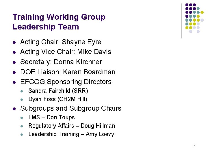 Training Working Group Leadership Team l l l Acting Chair: Shayne Eyre Acting Vice