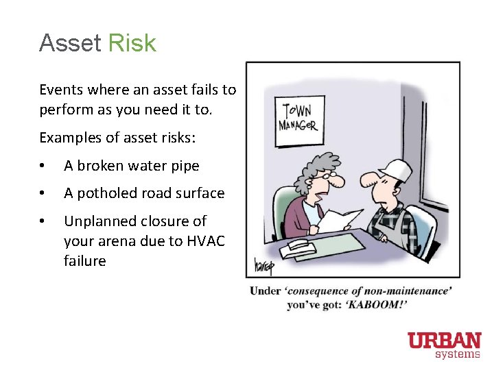 Asset Risk Events where an asset fails to perform as you need it to.