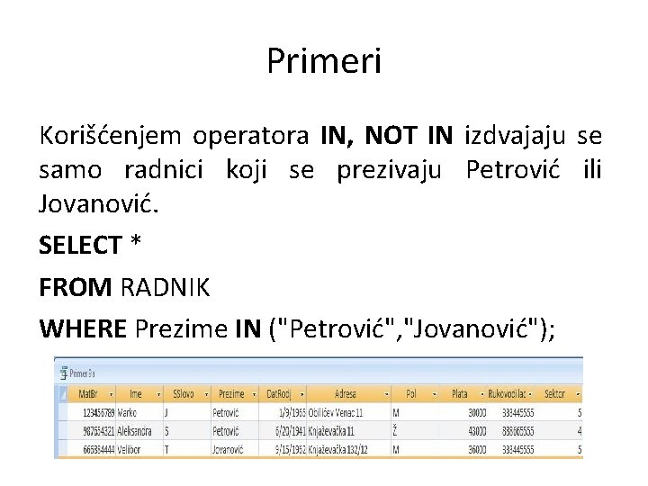 Primeri Korišćenjem operatora IN, NOT IN izdvajaju se samo radnici koji se prezivaju Petrović