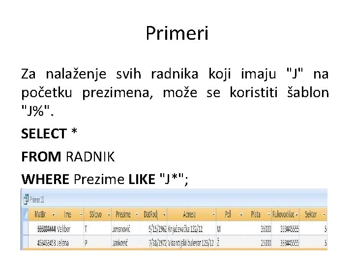 Primeri Za nalaženje svih radnika koji imaju "J" na početku prezimena, može se koristiti