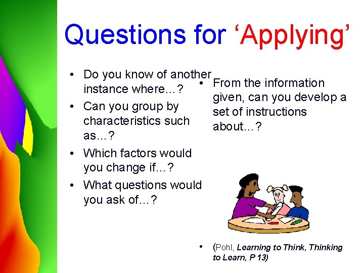 Questions for ‘Applying’ • Do you know of another • From the information instance