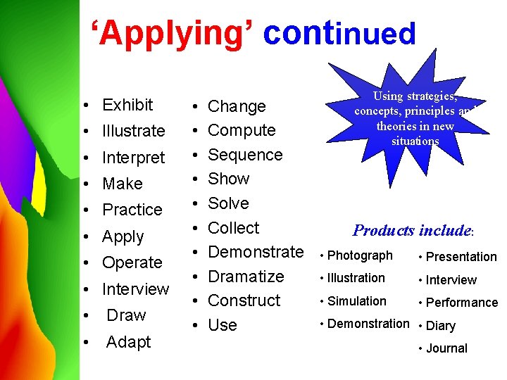 ‘Applying’ continued • Exhibit • Illustrate • Interpret • Make • Practice • Apply