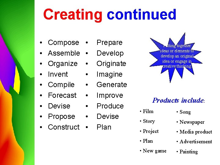 Creating continued • • • Compose Assemble Organize Invent Compile Forecast Devise Propose Construct