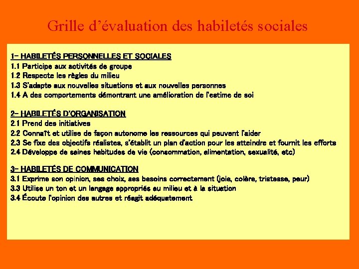 Grille d’évaluation des habiletés sociales 1 - HABILETÉS PERSONNELLES ET SOCIALES 1. 1 Participe