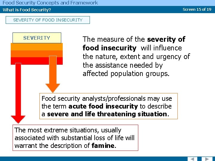 Food Security Concepts and Framework What is Food Security? Screen 15 of 19 SEVERITY
