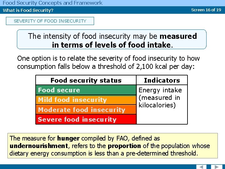 Food Security Concepts and Framework What is Food Security? Screen 16 of 19 SEVERITY