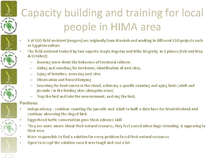 Capacity building and training for local people in HIMA area • • 3 of