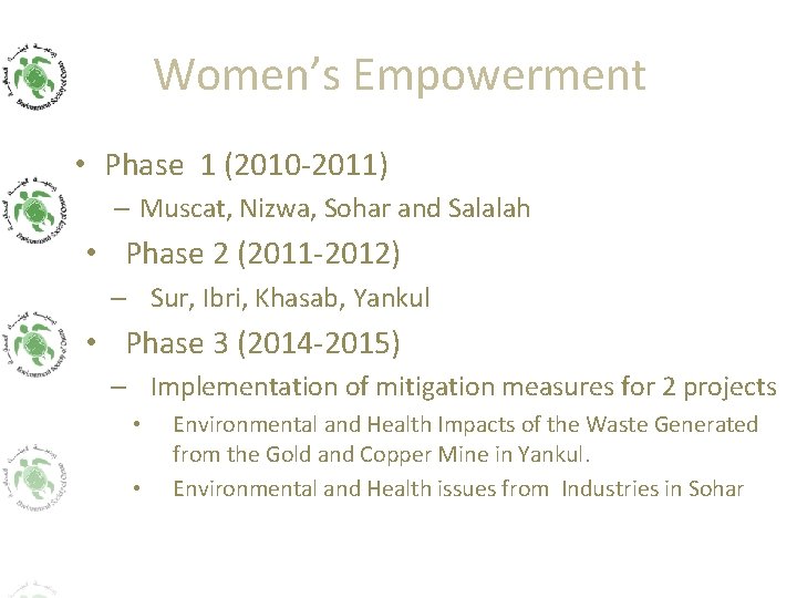 Women’s Empowerment • Phase 1 (2010 -2011) – Muscat, Nizwa, Sohar and Salalah •