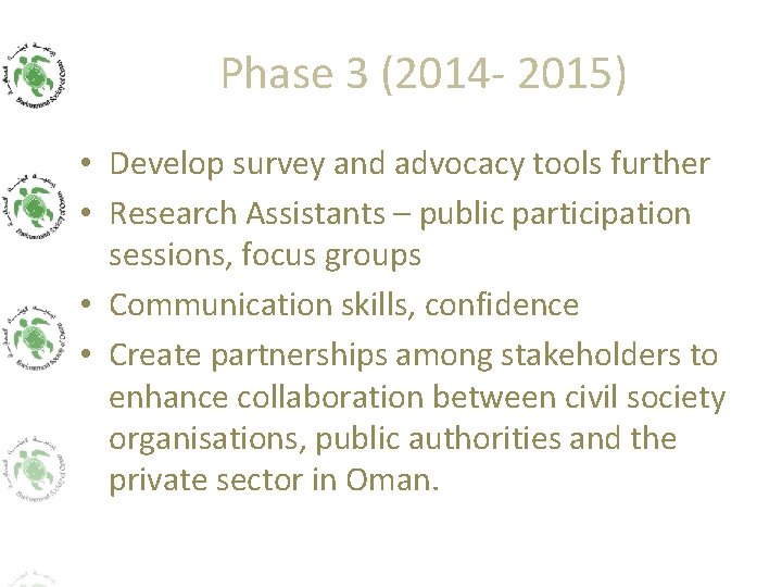 Phase 3 (2014 - 2015) • Develop survey and advocacy tools further • Research