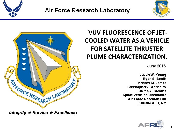 Air Force Research Laboratory VUV FLUORESCENCE OF JETCOOLED WATER AS A VEHICLE FOR SATELLITE
