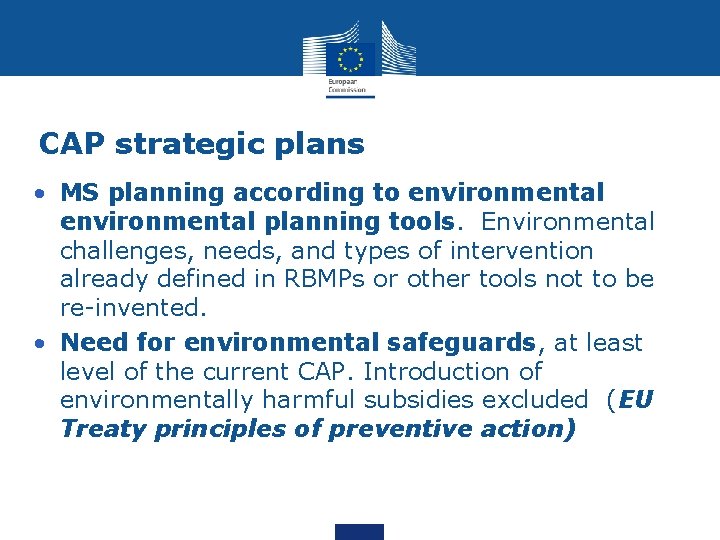 CAP strategic plans • MS planning according to environmental planning tools. Environmental challenges, needs,