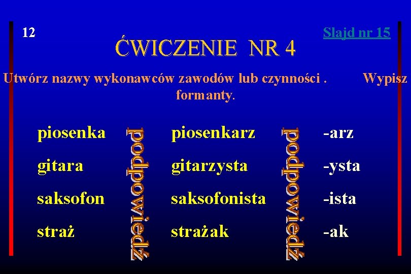 12 ĆWICZENIE NR 4 Slajd nr 15 Utwórz nazwy wykonawców zawodów lub czynności. formanty.