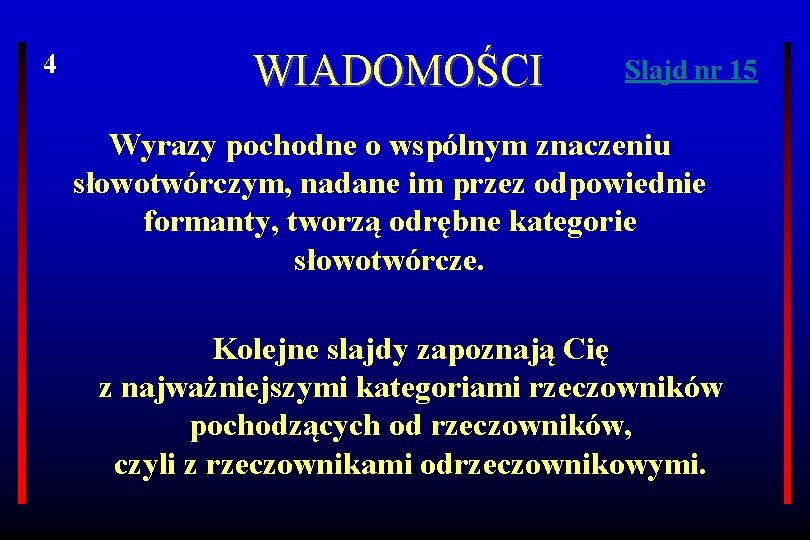 4 WIADOMOŚCI Slajd nr 15 Wyrazy pochodne o wspólnym znaczeniu słowotwórczym, nadane im przez