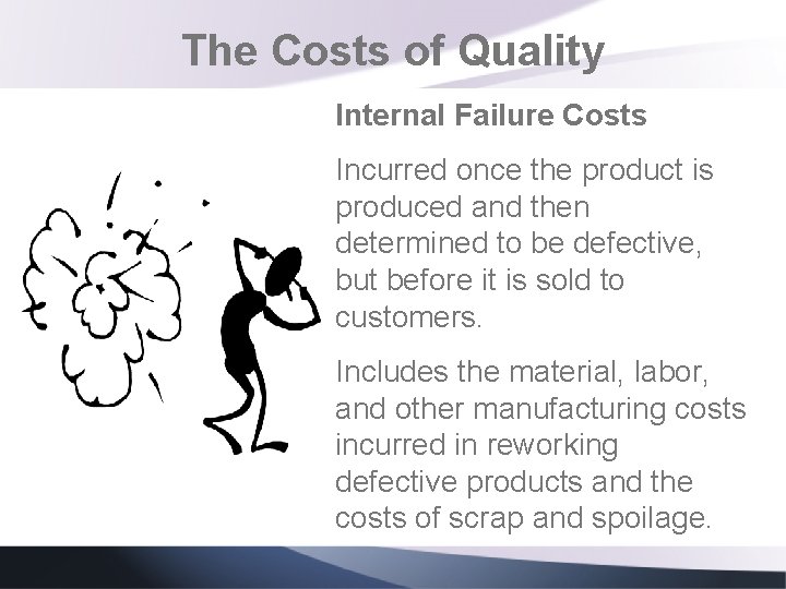 The Costs of Quality Internal Failure Costs Incurred once the product is produced and