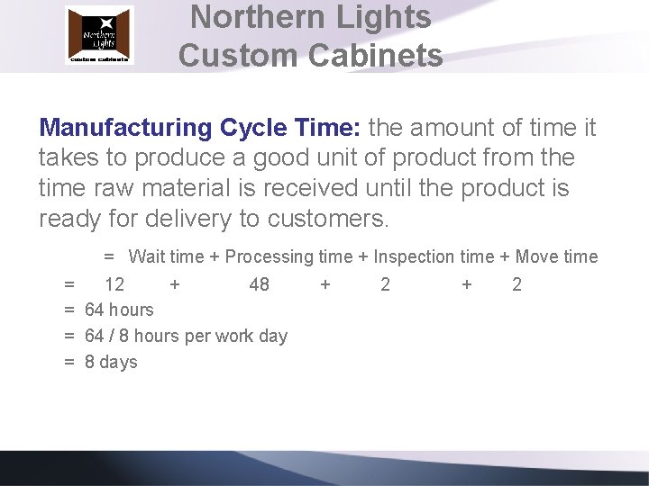 Northern Lights Custom Cabinets Manufacturing Cycle Time: the amount of time it takes to