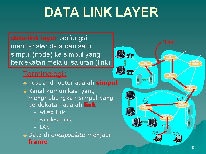 DATA LINK LAYER data-link layer berfungsi mentransfer data dari satu simpul (node) ke simpul