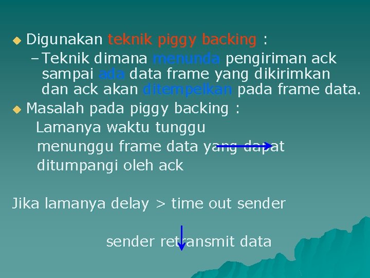 Digunakan teknik piggy backing : – Teknik dimana menunda pengiriman ack sampai ada data