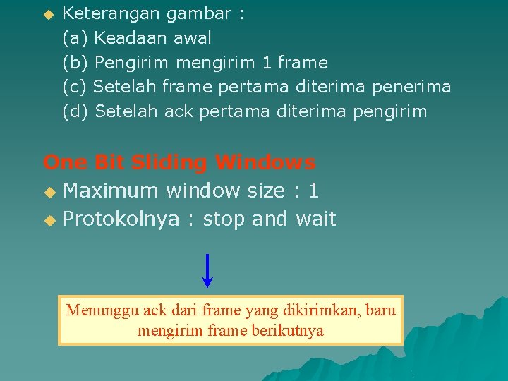 u Keterangan gambar : (a) Keadaan awal (b) Pengirim mengirim 1 frame (c) Setelah