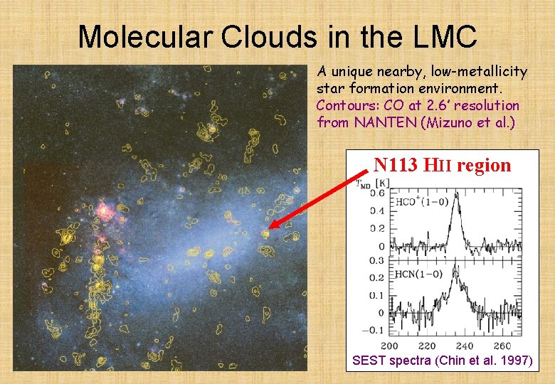 Molecular Clouds in the LMC A unique nearby, low-metallicity star formation environment. Contours: CO