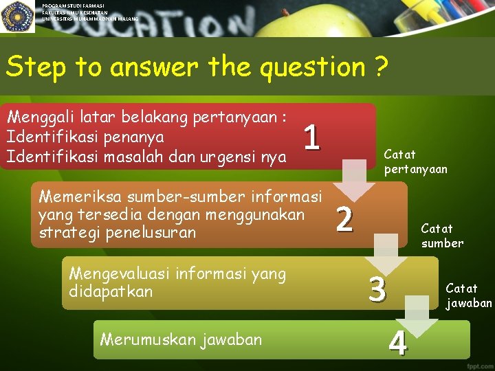 PROGRAM STUDI FARMASI FAKULTAS ILMU KESEHATAN UNIVERSITAS MUHAMMADIYAH MALANG Step to answer the question