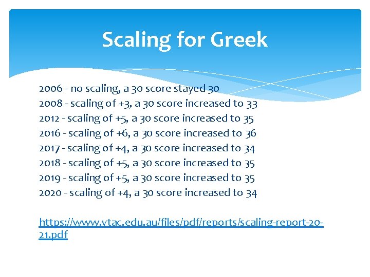 Scaling for Greek 2006 - no scaling, a 30 score stayed 30 2008 -