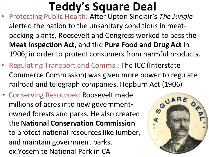 Teddy’s Square Deal • Protecting Public Health: After Upton Sinclair’s The Jungle alerted the