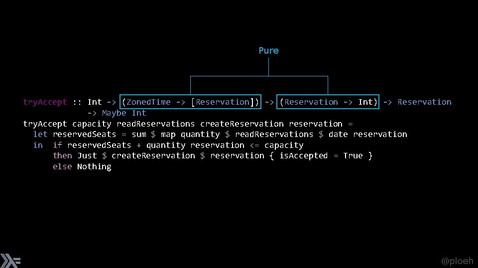 Pure try. Accept : : Int -> (Zoned. Time -> [Reservation]) -> (Reservation ->