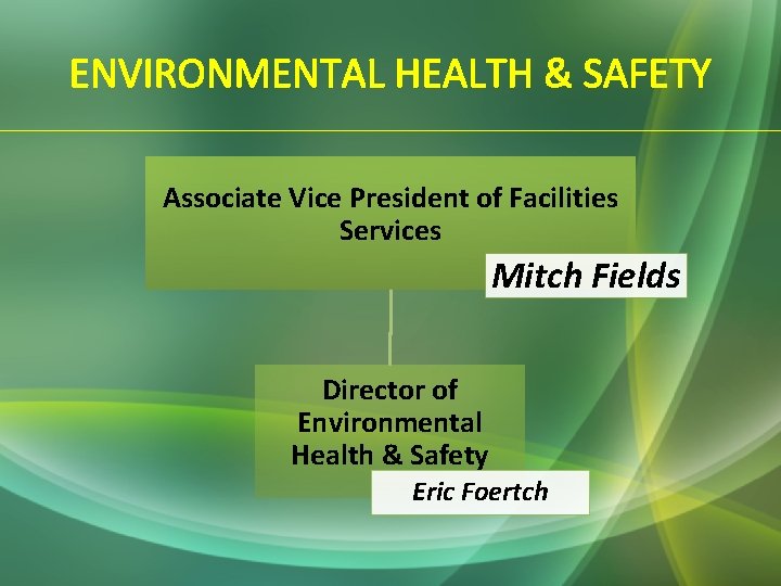 ENVIRONMENTAL HEALTH & SAFETY Associate Vice President of Facilities Services Mitch Fields Director of