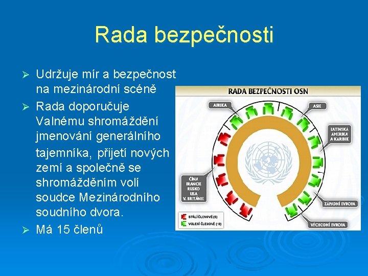 Rada bezpečnosti Udržuje mír a bezpečnost na mezinárodní scéně Ø Rada doporučuje Valnému shromáždění