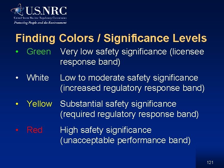 Finding Colors / Significance Levels • Green Very low safety significance (licensee response band)