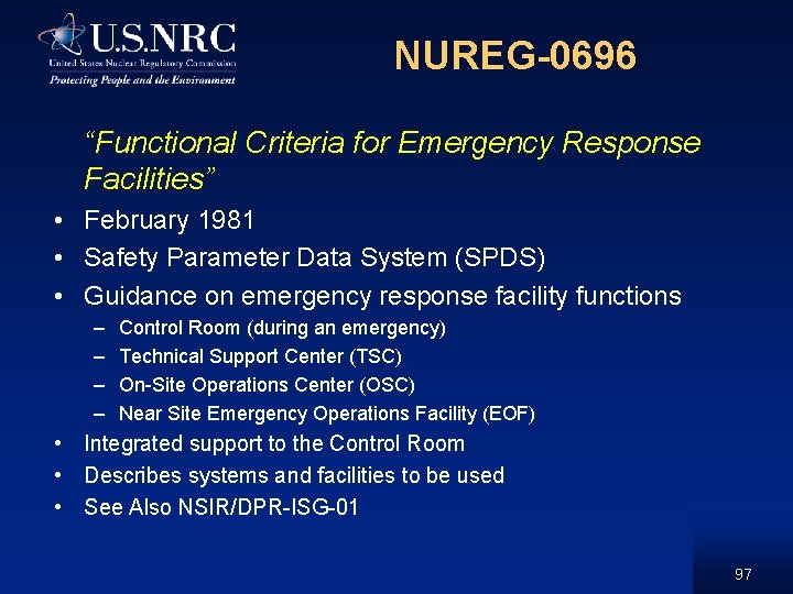 NUREG-0696 “Functional Criteria for Emergency Response Facilities” • February 1981 • Safety Parameter Data