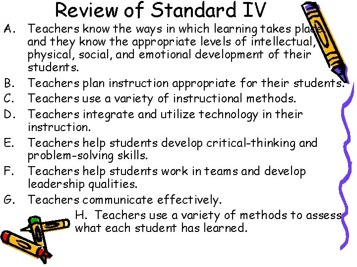 Review of Standard IV A. Teachers know the ways in which learning takes place,