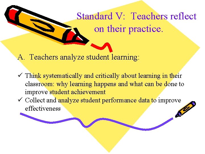 Standard V: Teachers reflect on their practice. A. Teachers analyze student learning: ü Think