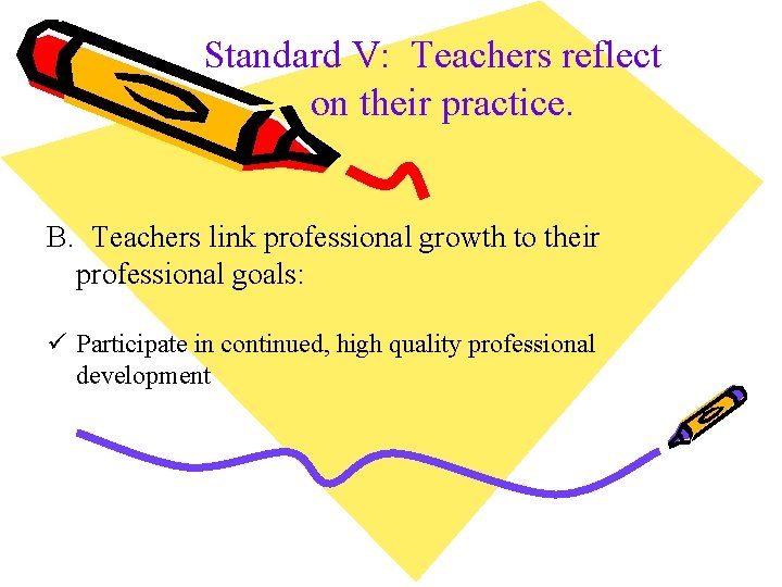 Standard V: Teachers reflect on their practice. B. Teachers link professional growth to their