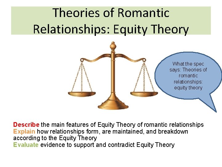 Theories of Romantic Relationships: Equity Theory What the spec says: Theories of romantic relationships: