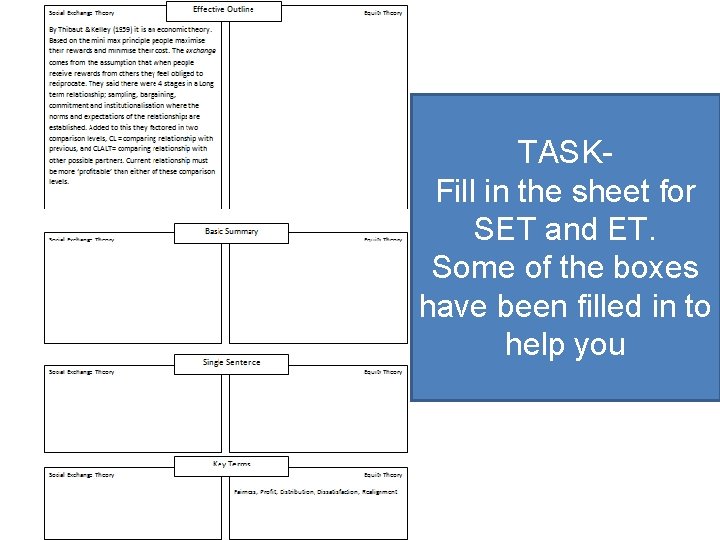 TASKFill in the sheet for SET and ET. Some of the boxes have been