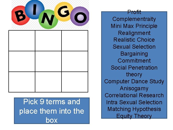 Pick 9 terms and place them into the box Profit Complementraity Mini Max Principle
