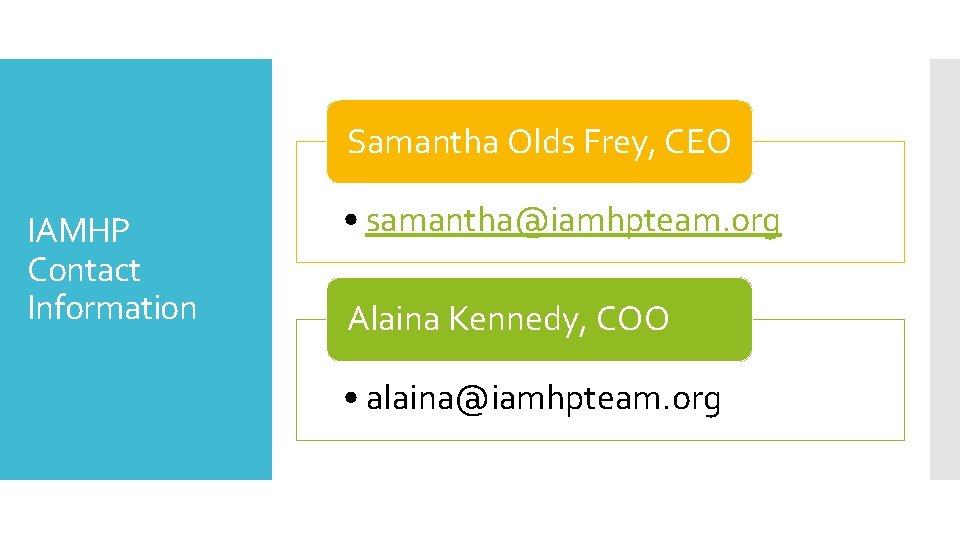 Samantha Olds Frey, CEO IAMHP Contact Information • samantha@iamhpteam. org Alaina Kennedy, COO •