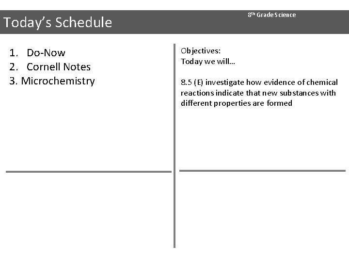 8 th Grade Science Today’s Schedule 1. Do-Now 2. Cornell Notes 3. Microchemistry Objectives: