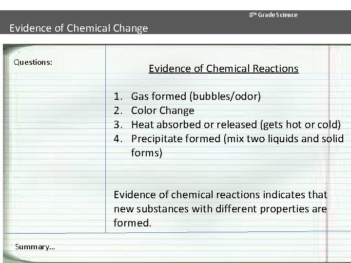 8 th Grade Science Evidence of Chemical Change Questions: Evidence of Chemical Reactions 1.