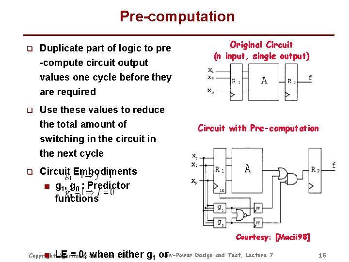 Pre-computation q Duplicate part of logic to pre -compute circuit output values one cycle Pre-computation q Duplicate part of logic to pre -compute circuit output values one cycle