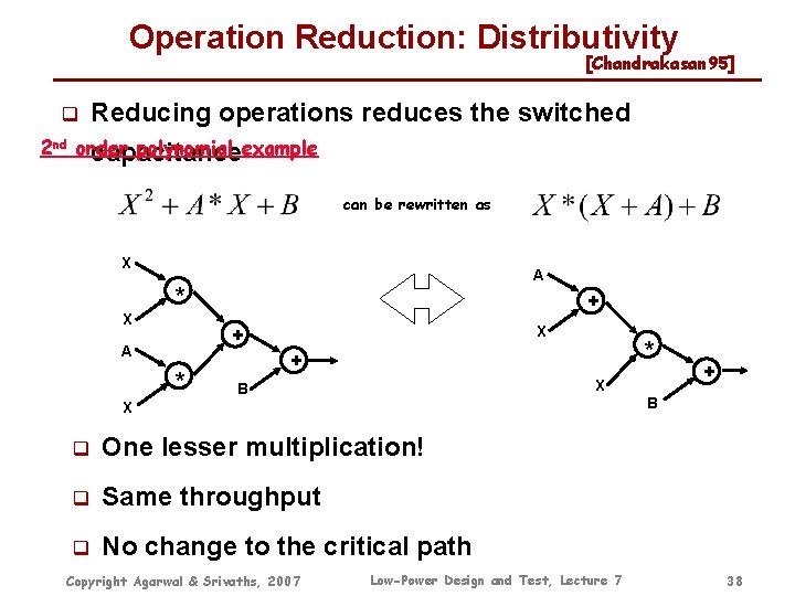 Operation Reduction: Distributivity [Chandrakasan 95] Reducing operations reduces the switched order polynomial example capacitance