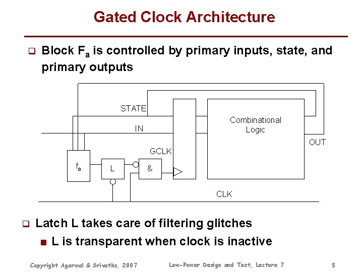 Gated Clock Architecture q Block Fa is controlled by primary inputs, state, and primary Gated Clock Architecture q Block Fa is controlled by primary inputs, state, and primary