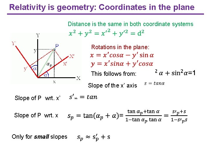Relativity is geometry: Coordinates in the plane Distance is the same in both coordinate Relativity is geometry: Coordinates in the plane Distance is the same in both coordinate
