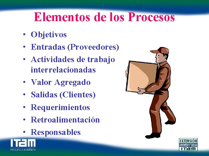 Elementos de los Procesos • Objetivos • Entradas (Proveedores) • Actividades de trabajo interrelacionadas