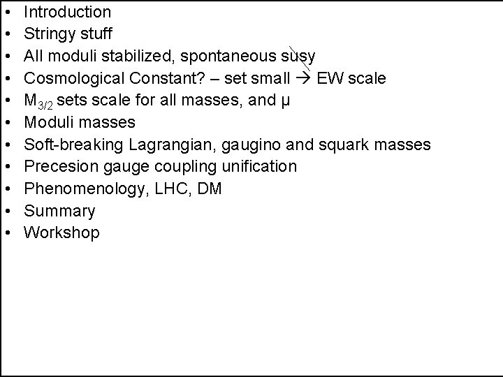  • • • Introduction Stringy stuff All moduli stabilized, spontaneous susy Cosmological Constant?